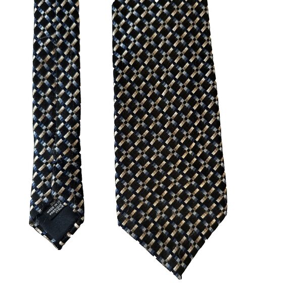 Canali Italy Silk Tie Geometric Woven Pattern Black Blue Beige Checkered Design - Picture 5 of 7